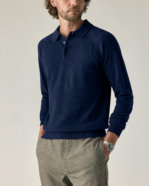 on model image of EasyCash Merino Long Sleeve Polo