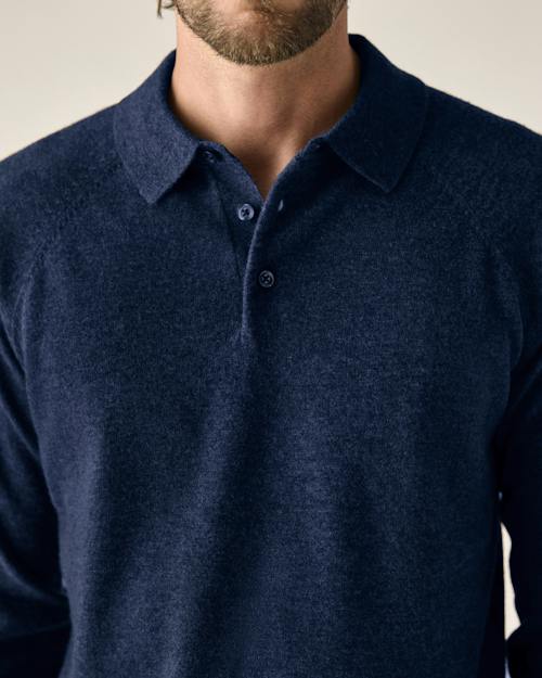 on model image of EasyCash Merino Long Sleeve Polo