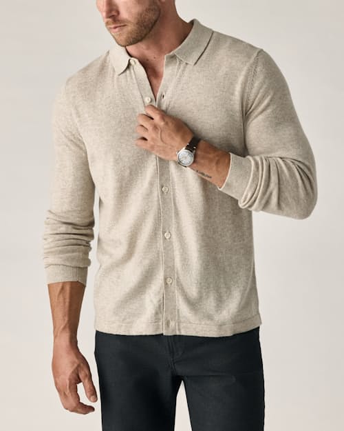 on model image of EasyCash Merino Long Sleeve Polo Cardigan