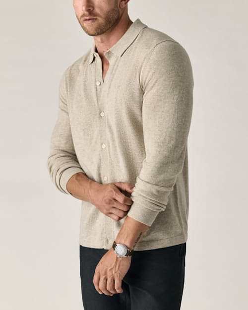 on model image of EasyCash Merino Long Sleeve Polo Cardigan