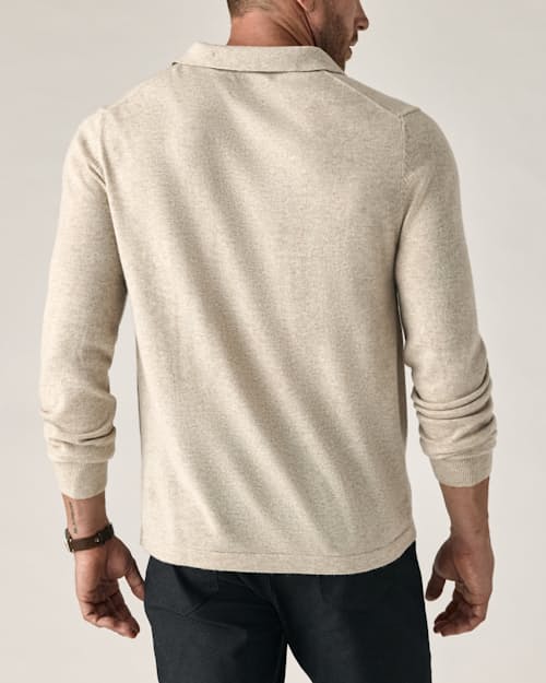 on model image of EasyCash Merino Long Sleeve Polo Cardigan