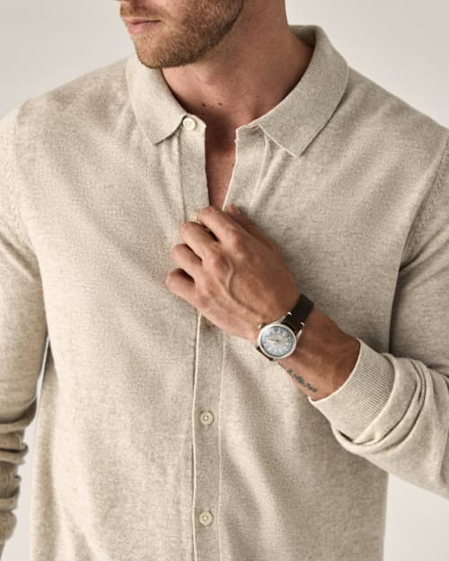 on model image of EasyCash Merino Long Sleeve Polo Cardigan