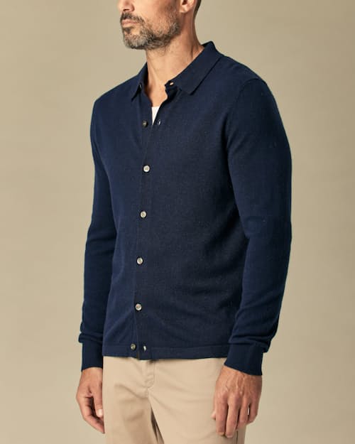 lifestyle image of EasyCash Merino Long Sleeve Polo Cardigan