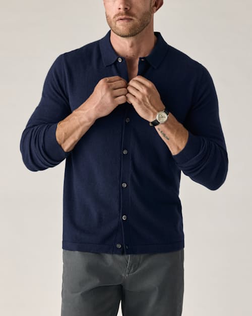 on model image of EasyCash Merino Long Sleeve Polo Cardigan