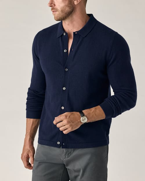 on model image of EasyCash Merino Long Sleeve Polo Cardigan