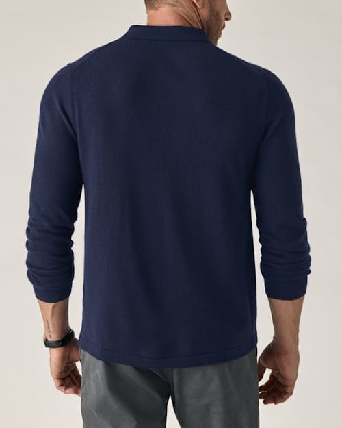 on model image of EasyCash Merino Long Sleeve Polo Cardigan