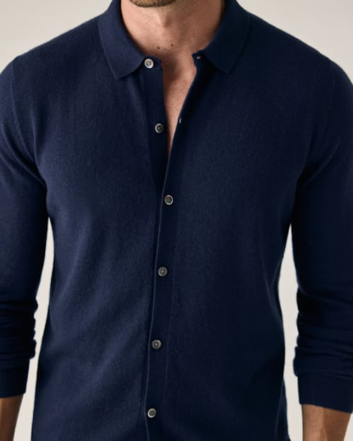 on model image of EasyCash Merino Long Sleeve Polo Cardigan