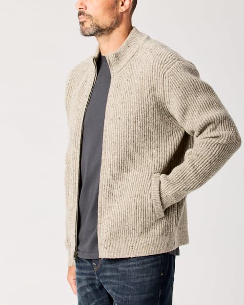 lifestyle image of Textured Wool Full-Zip Combat Sweater