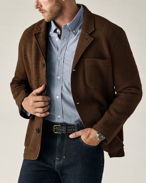on model image of Boiled Wool Chore Blazer