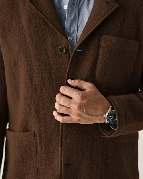 on model image of Boiled Wool Chore Blazer