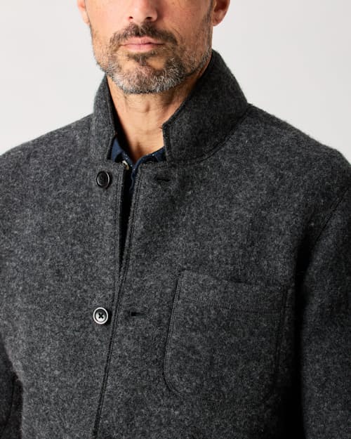 on model image of The Boiled Wool Chore Blazer