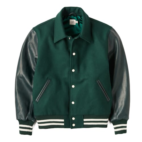 laydown image of Leather Wool Varsity Jacket