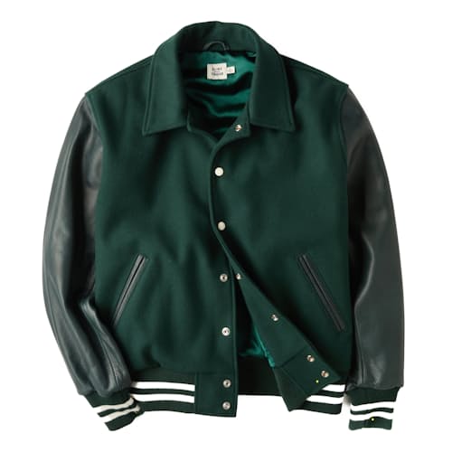 laydown image of Leather Wool Varsity Jacket