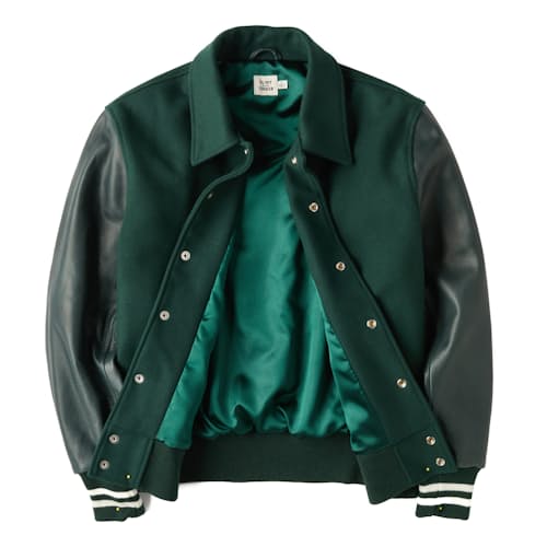 laydown image of Leather Wool Varsity Jacket