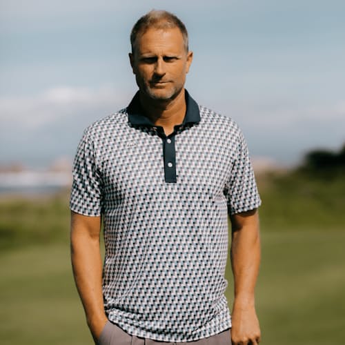 lifestyle image of Taylor Recycled Tetris Polo