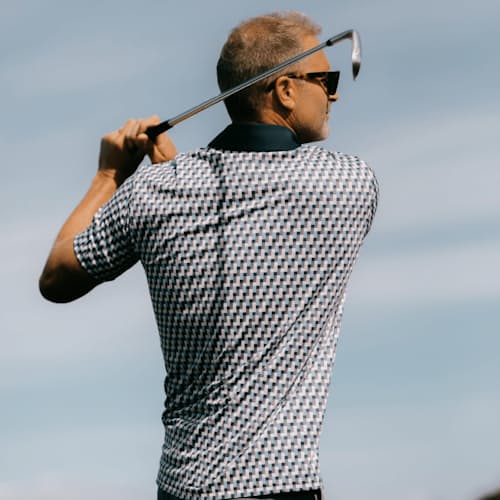 lifestyle image of Taylor Recycled Tetris Polo