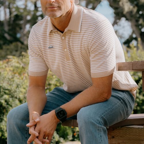 lifestyle image of Union Recycled Rib Knit Stripe Polo