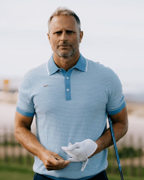 lifestyle image of Union Recycled Rib Knit Stripe Polo