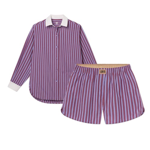 laydown image of Women's Airy Cotton Cured Hem Long Sleeve Short Set
