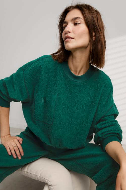 on model image of Women's Silksweats Reversible Seamed Sweatshirt