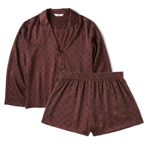 laydown image of Women's Washable Silk Button Up Long Sleeve Short Set