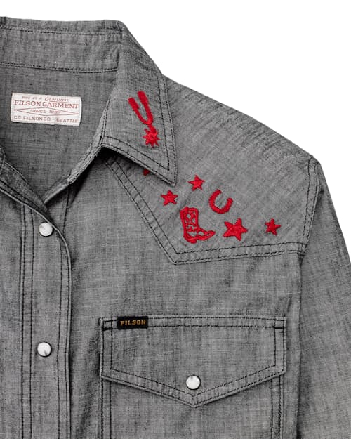 laydown detail image of Women's Embroidered Chambray Shirt