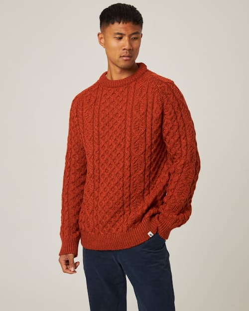 on model image of Hudson Aran Sweater