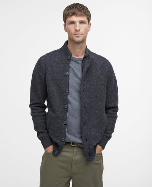 on model image of Essential Patch Zip Through Knitted Jumper