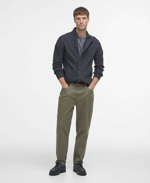 on model image of Essential Patch Zip Through Knitted Jumper