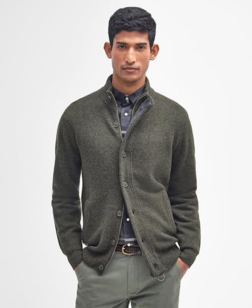 on model image of Essential Patch Zip Through Knitted Jumper