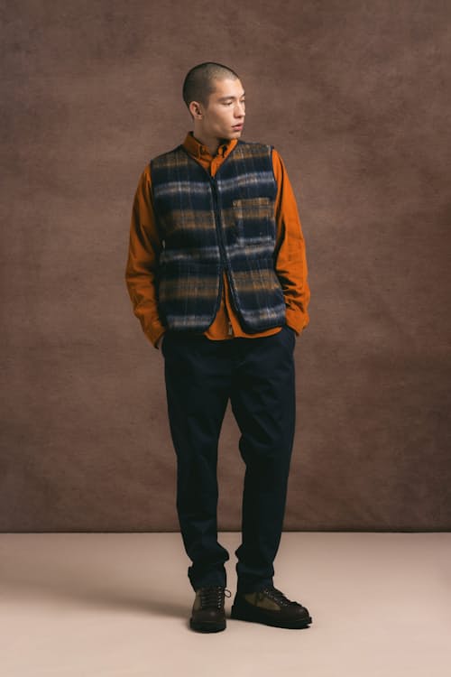 on model image of Bute Vest Check Brushed Wool