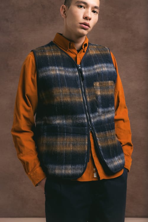 on model image of Bute Vest Check Brushed Wool