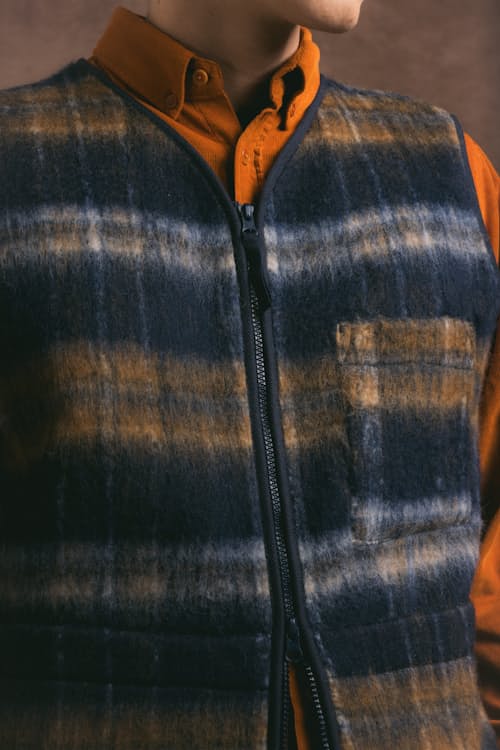 on model image of Bute Vest Check Brushed Wool