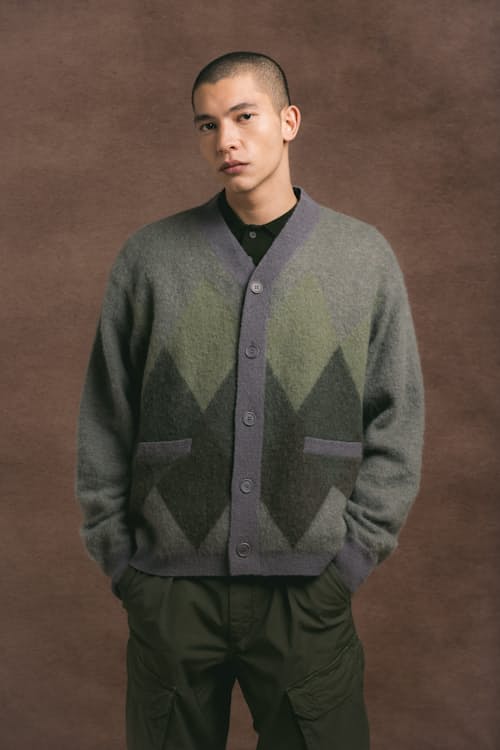 on model image of Murifield Argyle Cardigan