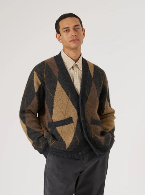 on model image of Langdale Alpaca Argyle Cardigan