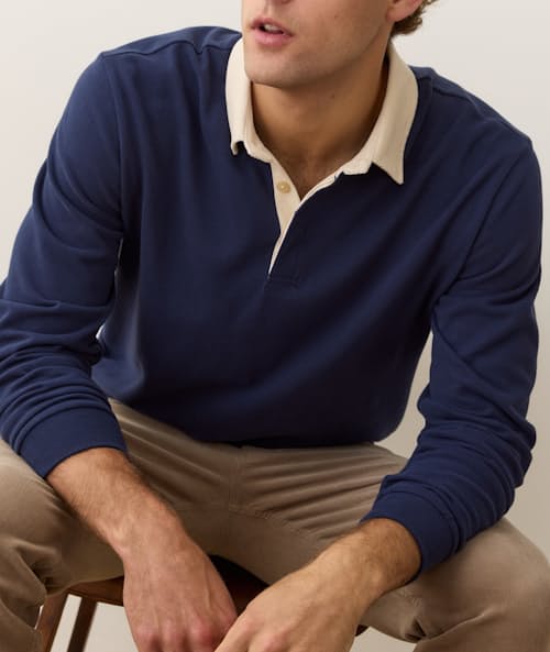 on model image of Sueded Rugby Polo