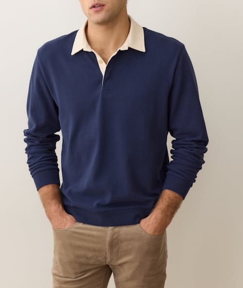on model image of Sueded Rugby Polo