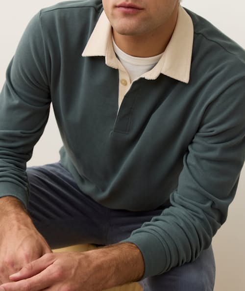 on model image of Sueded Rugby Polo