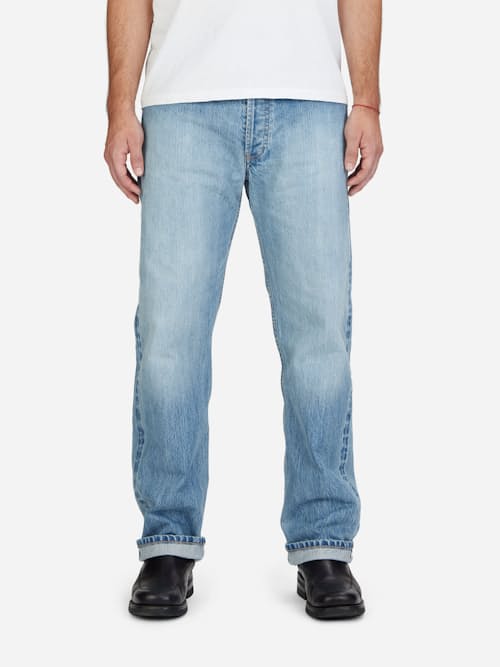 on model image of Classic Straight Selvedge Denim Jeans
