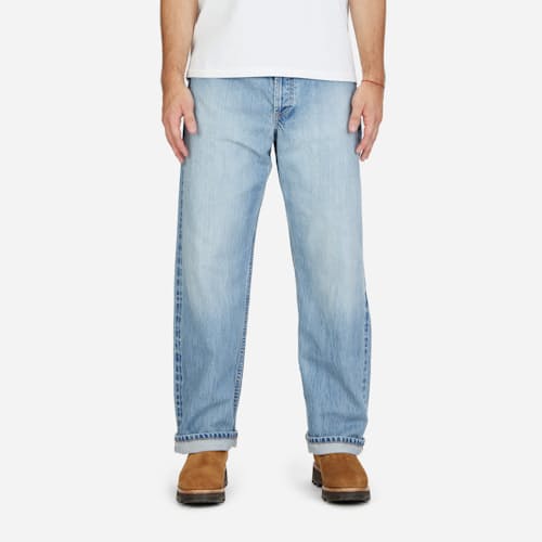 on model image of Relaxed Straight Selvedge Denim Jeans