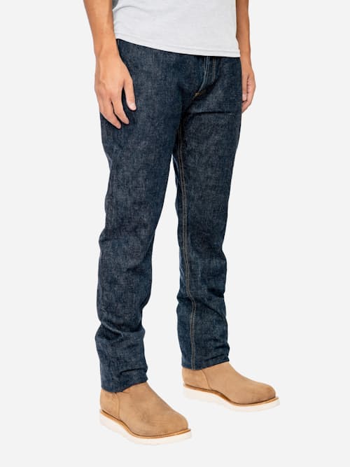 on model image of Classic Tapered Selvedge Denim Jeans