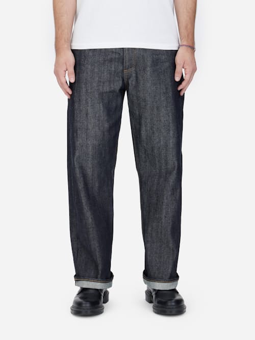 on model image of Relaxed Straight Selvedge Denim Jeans