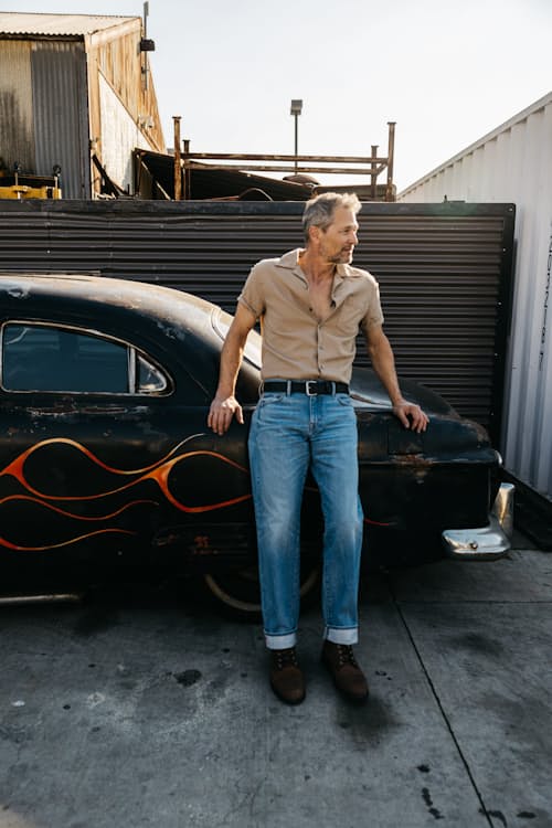 lifestyle image of The Barrel Classic Straight Stretch Selvedge Denim Jeans