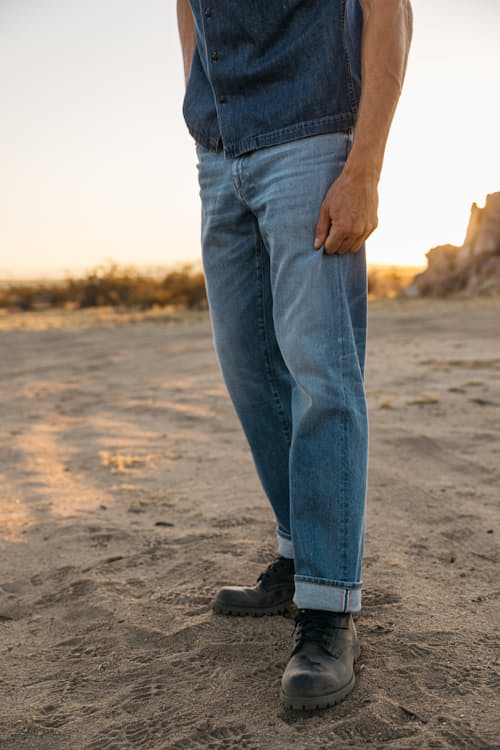lifestyle image of The Barrel Classic Straight Stretch Selvedge Denim Jeans