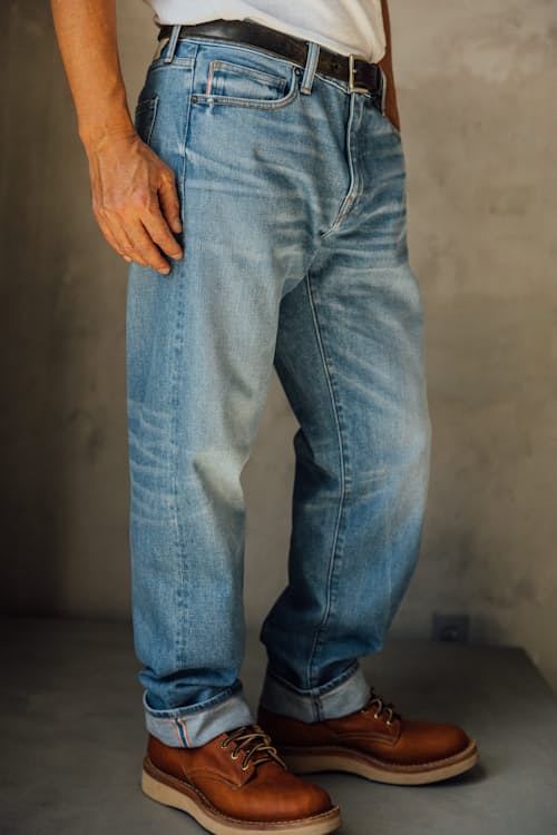 on model image of The Barrel Classic Straight Stretch Selvedge Denim Jeans