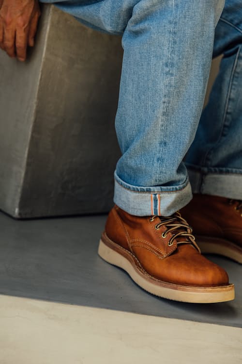 lifestyle image of The Barrel Classic Straight Stretch Selvedge Denim Jeans