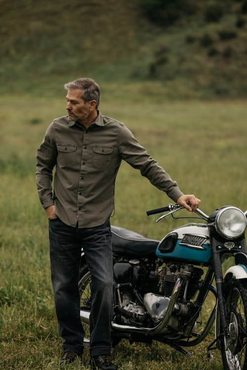 lifestyle image of The Barrel Classic Straight Stretch Selvedge Denim Jeans