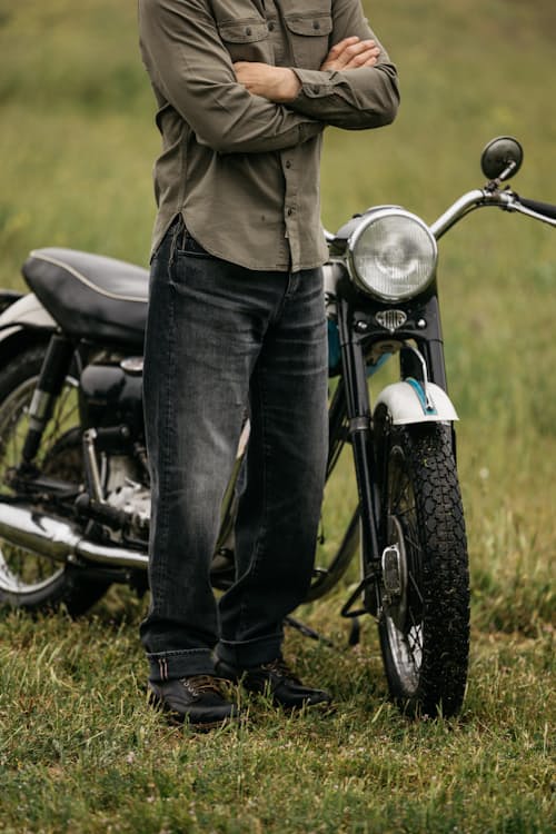 lifestyle image of The Barrel Classic Straight Stretch Selvedge Denim Jeans
