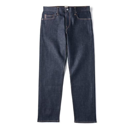 laydown image of The Barrel Classic Straight Stretch Selvedge Denim Jeans