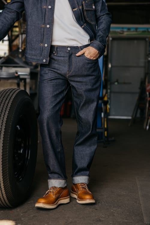 lifestyle image of The Barrel Classic Straight Stretch Selvedge Denim Jeans